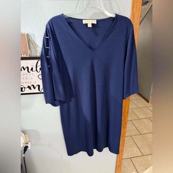 Michael Kors Vneck Navy Blue Shift Shit Dress Gold Open Sleeve Godm Features M - Picture 2 of 7